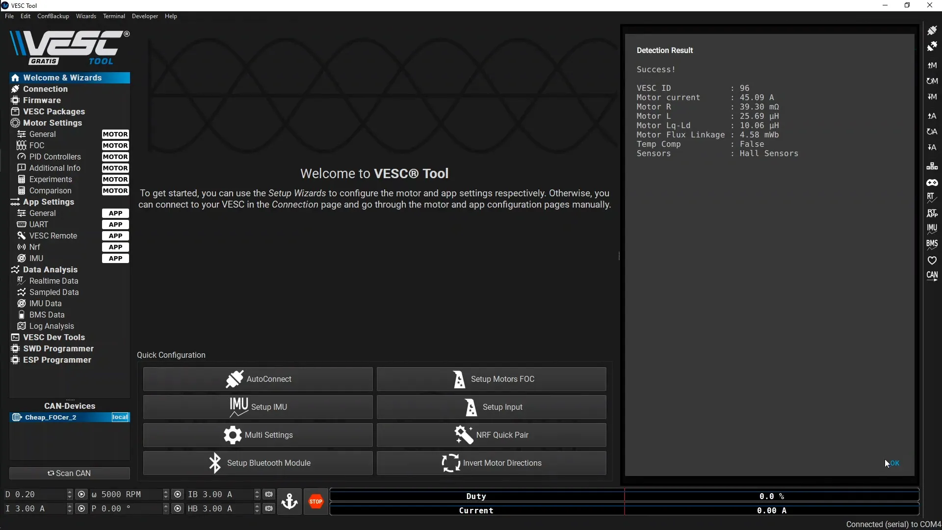 Vertile CFOCer VESC Tool: Accept the motor detection results.