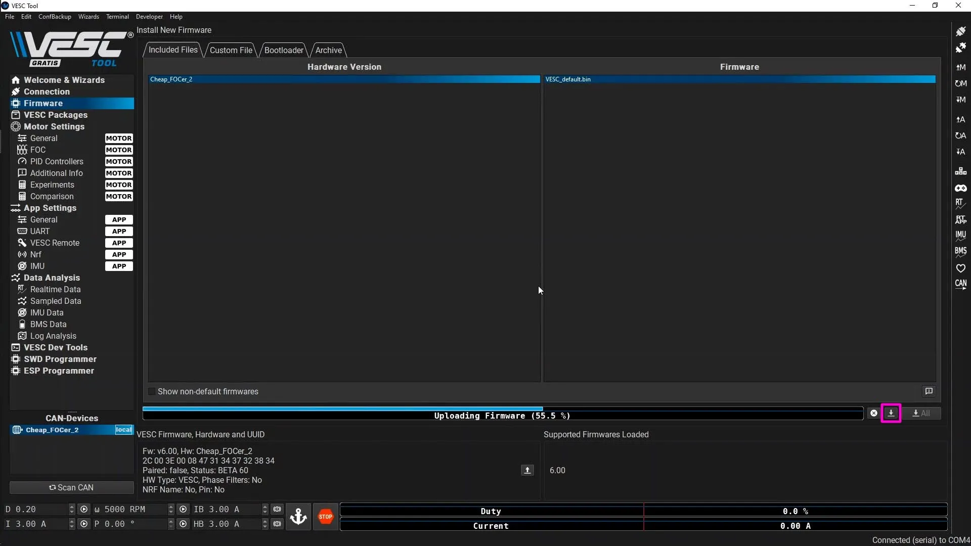Vertile CFOCer VESC Tool: Flashing the latest firmware.